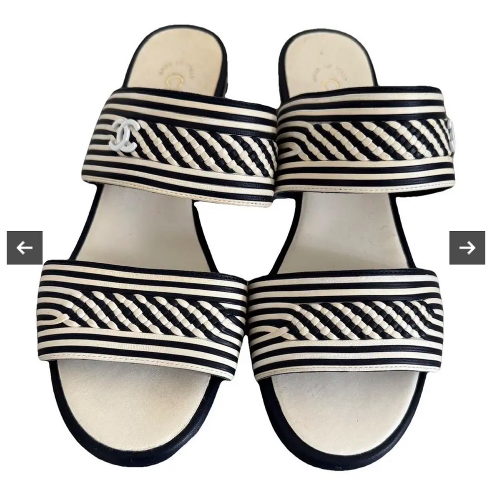 CHANEL Black & White Braided Stripe Slide Sandals EU40.5 US9.5-10